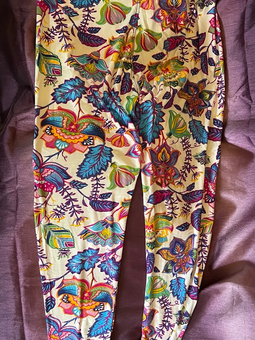 Vibrant Floral Print Leggings in Cream, Teal & Purple